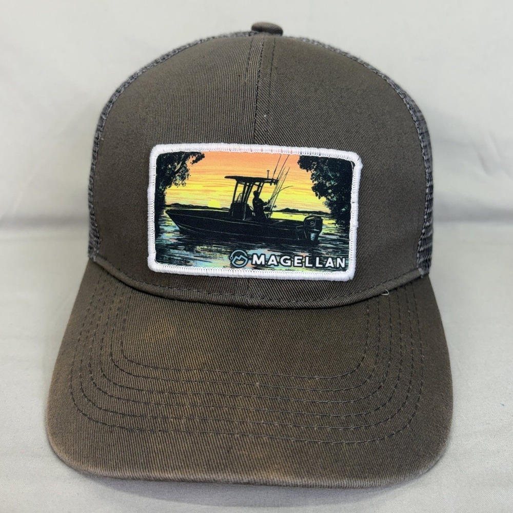 Magellan Trucker Hat Fishing Boat Patch Mens OSFA Brown Snapback Mesh Cap